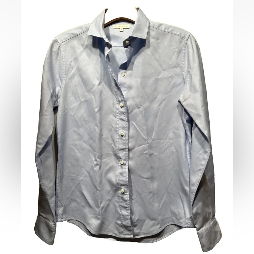 Ann Mashburn Blue Button Down Shirt Cotton Size M 8 10 Classic Long Sleeve